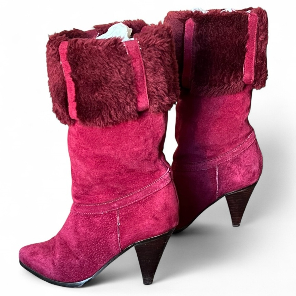 Red Suede Heeled Boots with a Red Fur Cuff around the top